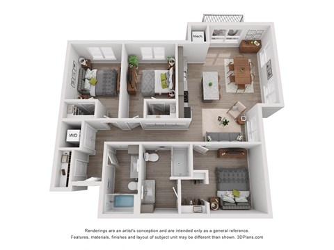 Floor plan for 3 beds, 2 baths, 1203 sqft